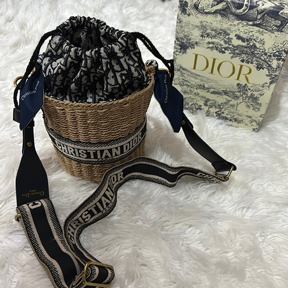 Copy-Christian Dior Drawstring Bucket Bag Wicker with Oblique Canvas